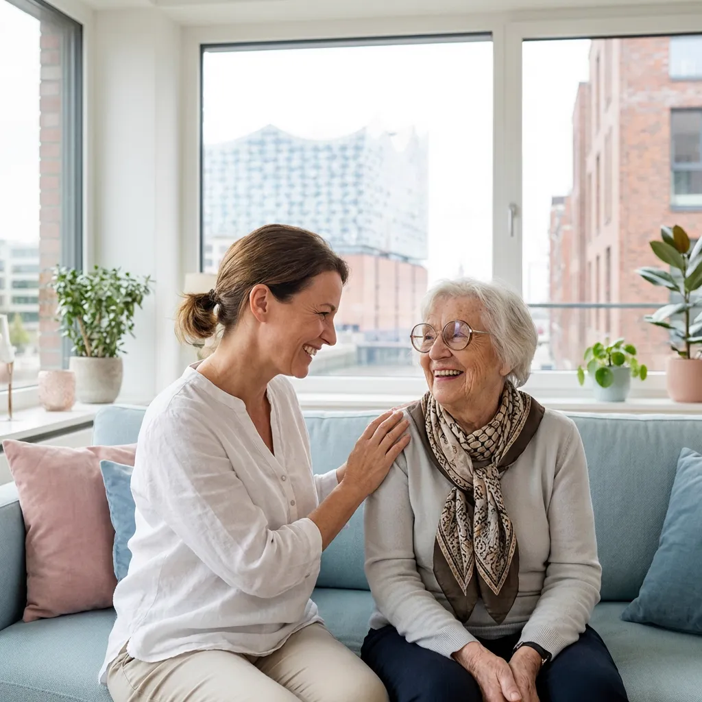 Alltagsbegleiterin begleitet Seniorin durch Hamburg – Betreuungsagentur Yves Towae